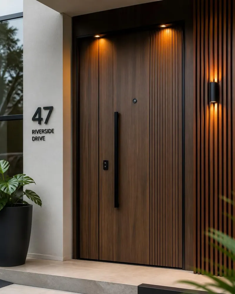 Wood-grain WPC entrance door with vertical slat cladding