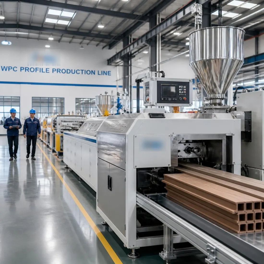 WPC profile extrusion line producing hollow composite door profiles
