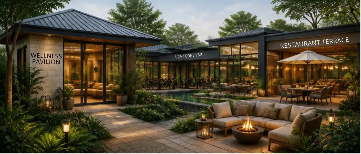 Residents' wellness pavilion and restaurant terrace with landscaped courtyard