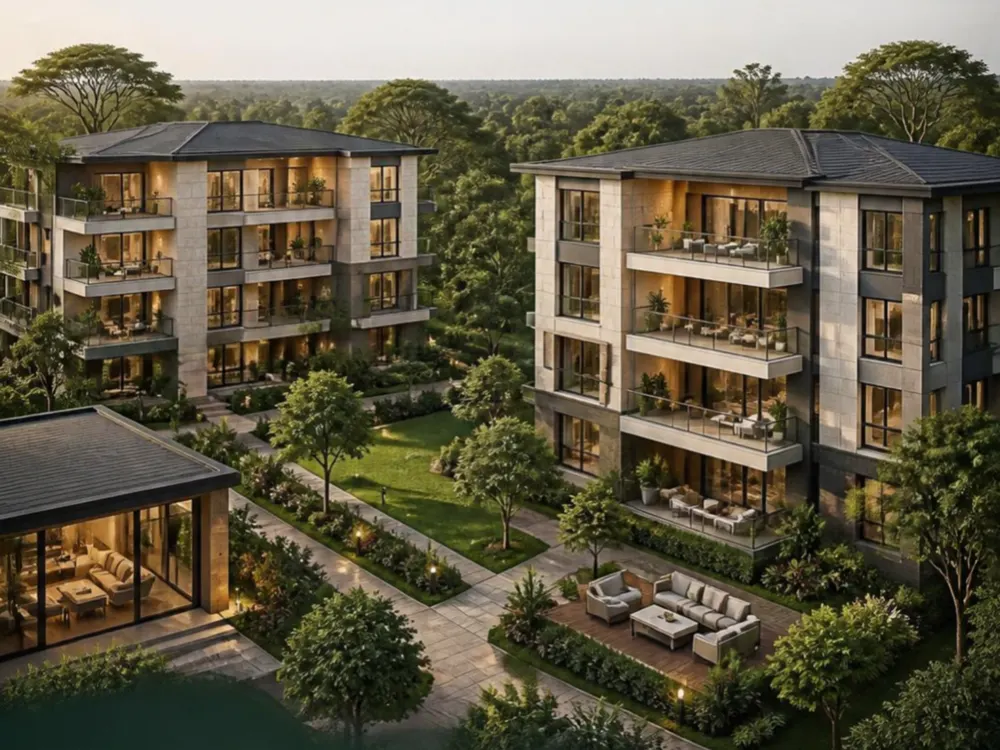 Four-floor apartment blocks set in landscaped gardens