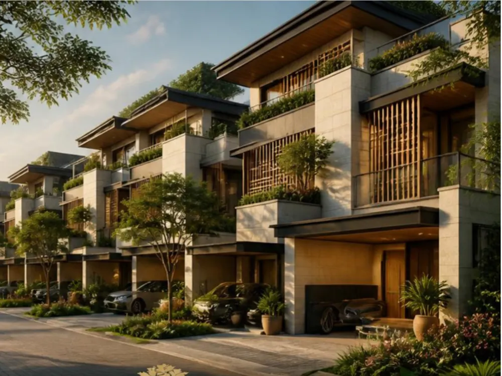 Row of premium townhouses along a tree-lined street